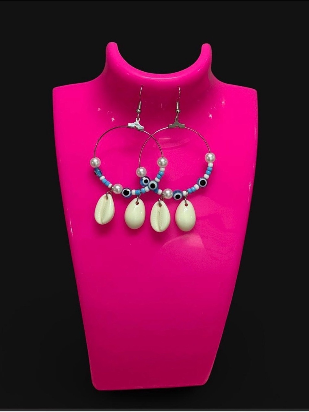 Handmade Blue Beaded Hoop Earrings with White Shell Charms